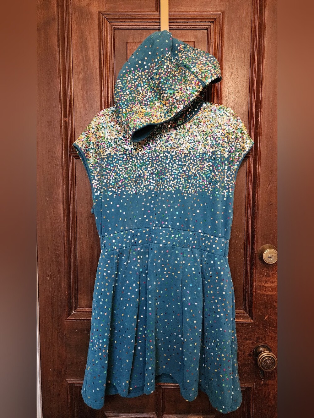 Queen of Sparkles Teal Blue Rainbow Sequin Festival Hoodie Mini Dress-Large